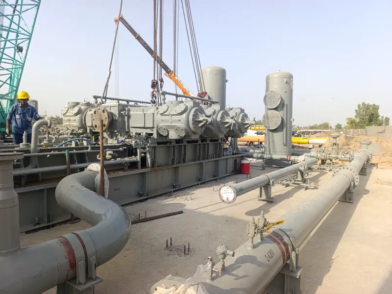 Compressor frame, cylinders and suction piping during installation